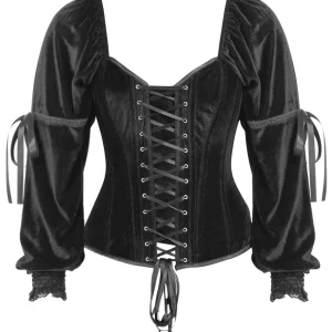 Sleeved Overbust Corset with Front and Rear Lacing in Black