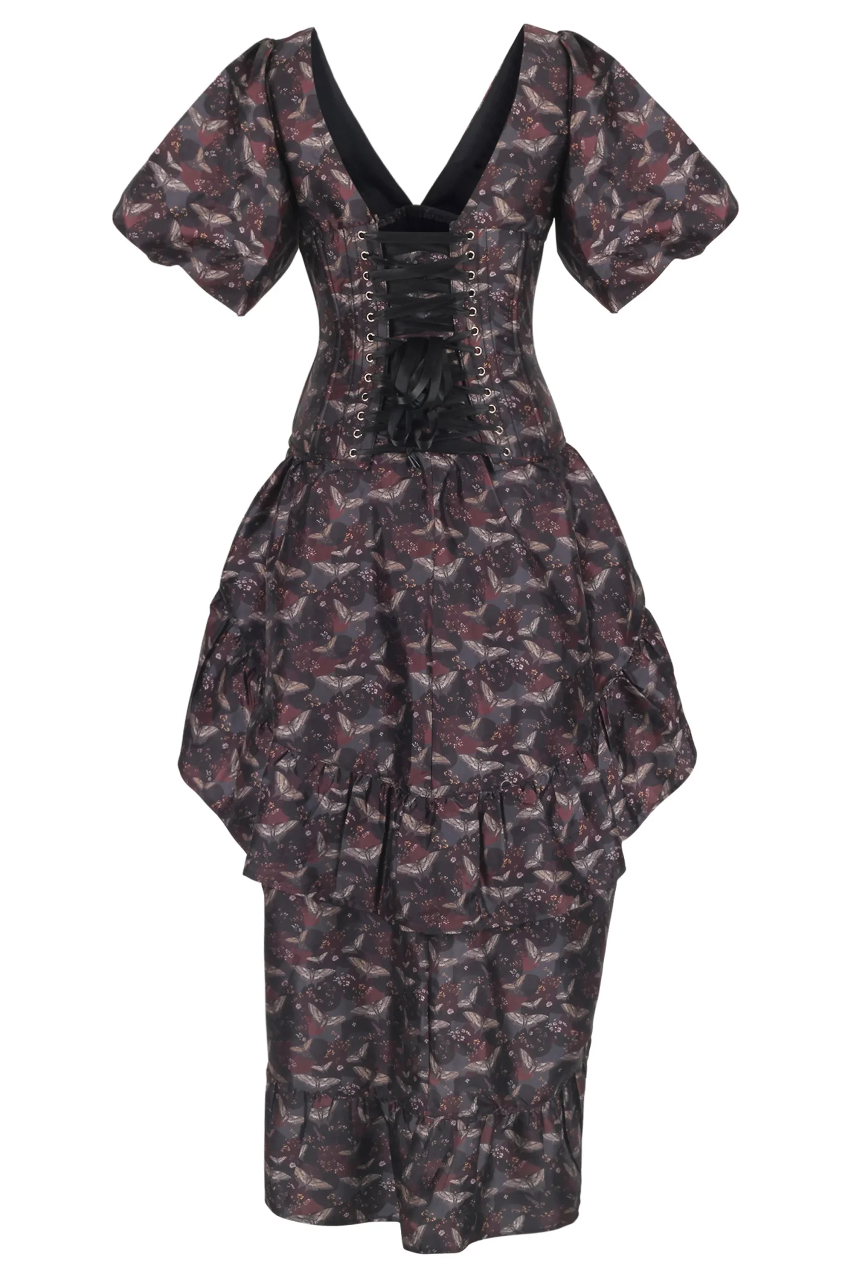 Dark Romantic Corset Gown with Puff Sleeves and Draped High-Low Skirt – Image 2