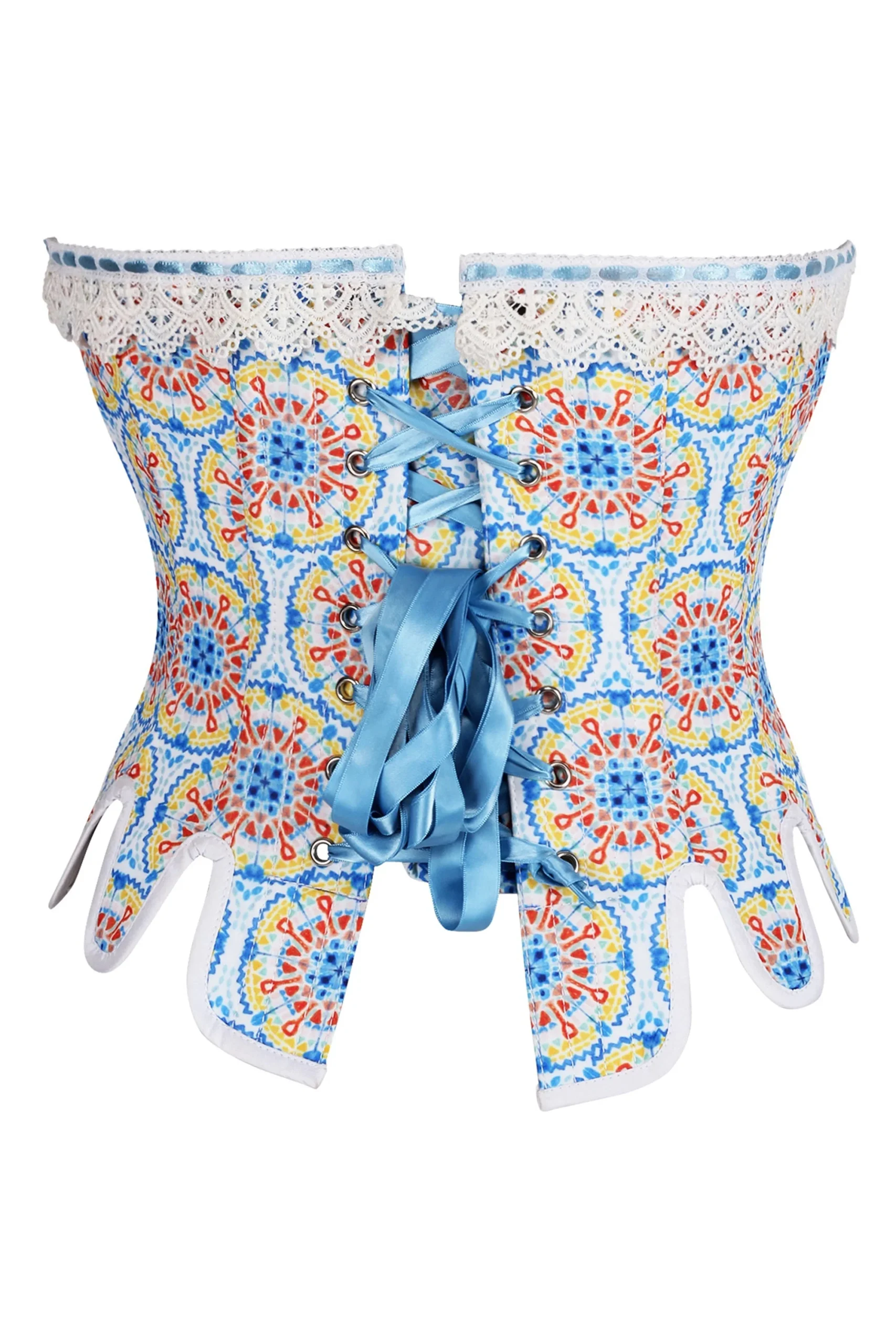 Handmade Steel Boned Corset with Scalloped Hem and Vibrant Mosaic Print – Image 2