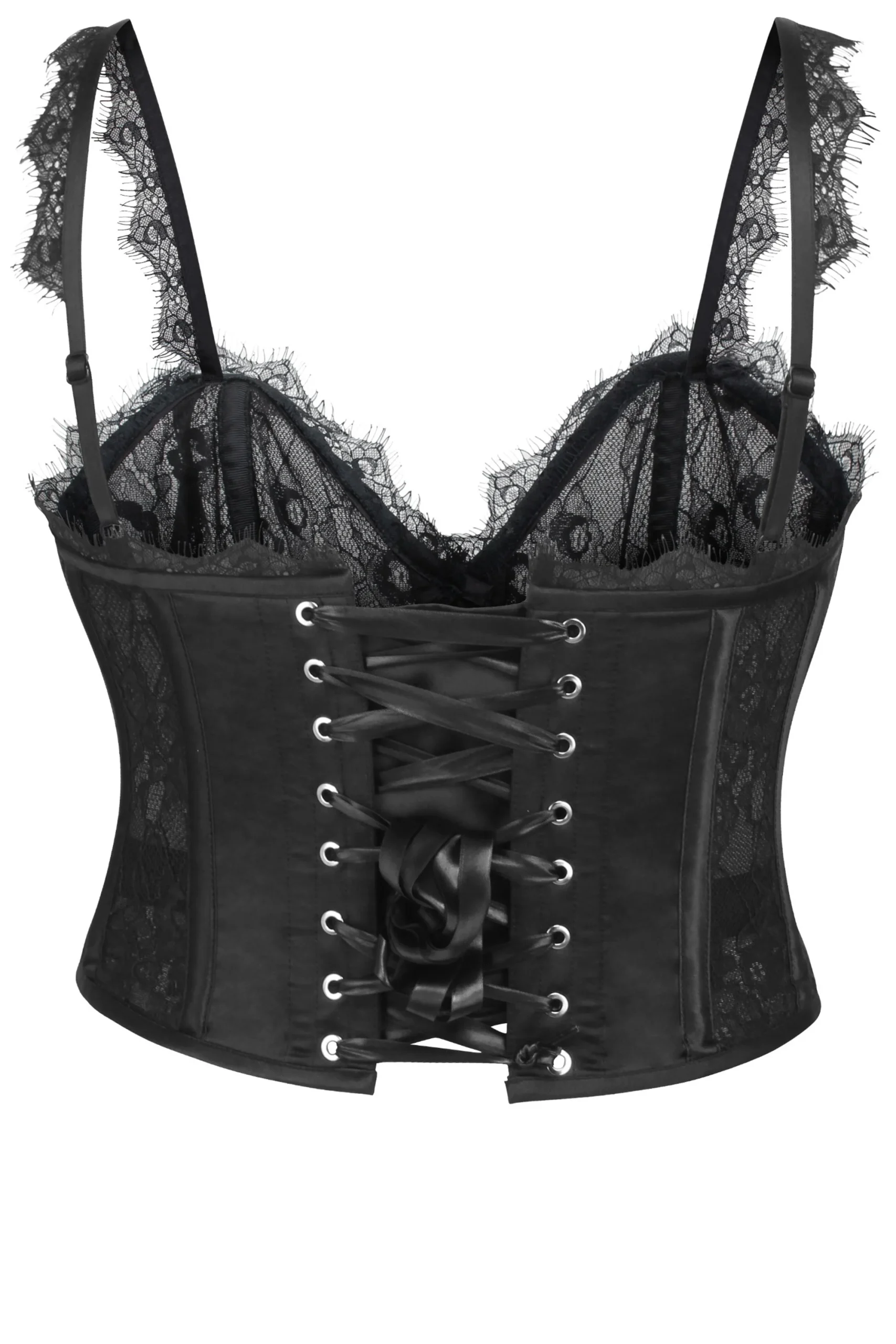 Dorothea Corset surbout en satin et dentelle noir avec bretelles spaghetti – Image 2