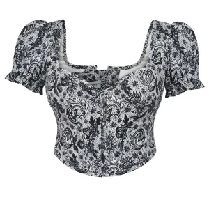 Zadie Top corset en coton extensible d'Alençon blanc chiné avec manches bouffantes