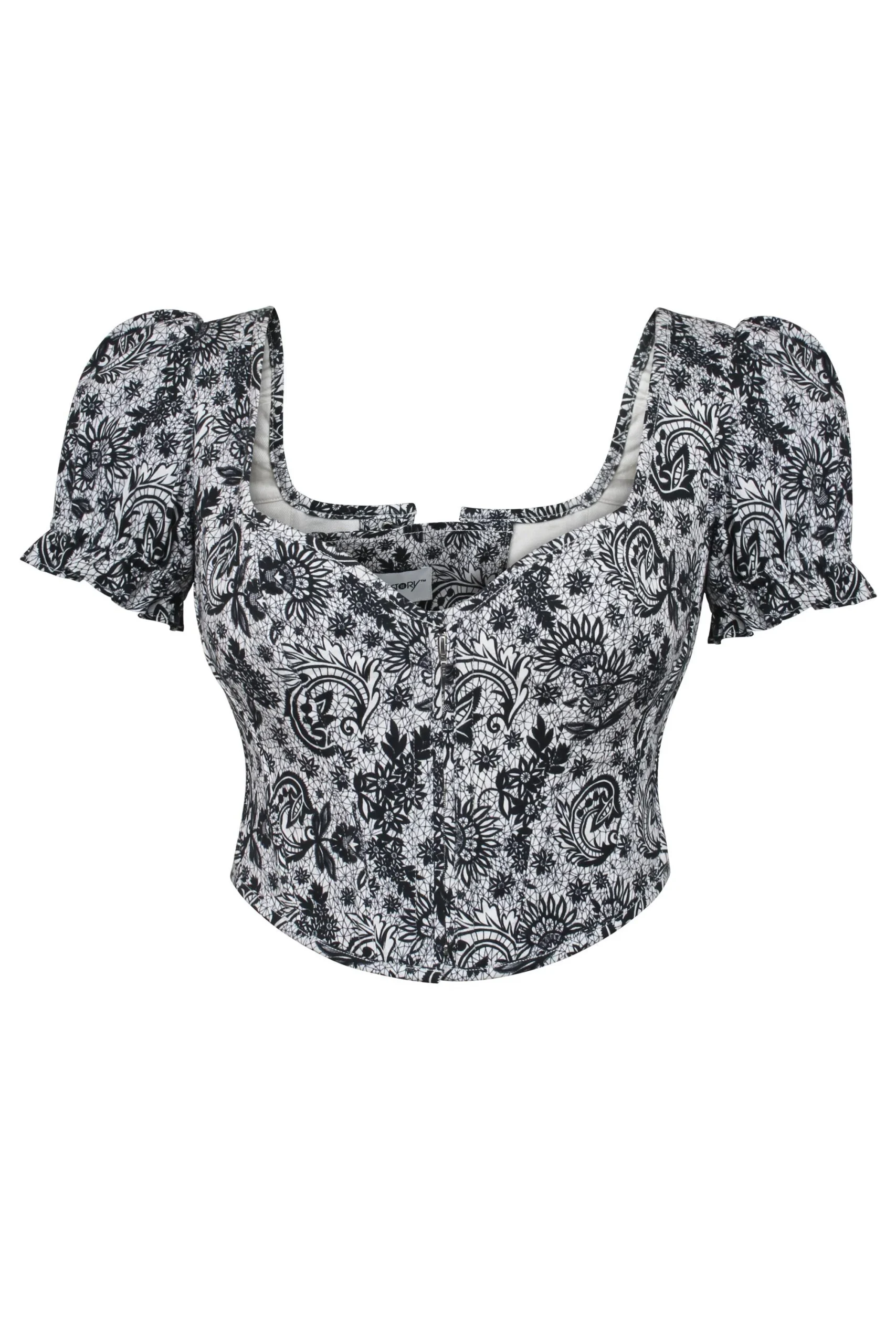 Zadie Top corset en coton extensible d'Alençon blanc chiné avec manches bouffantes