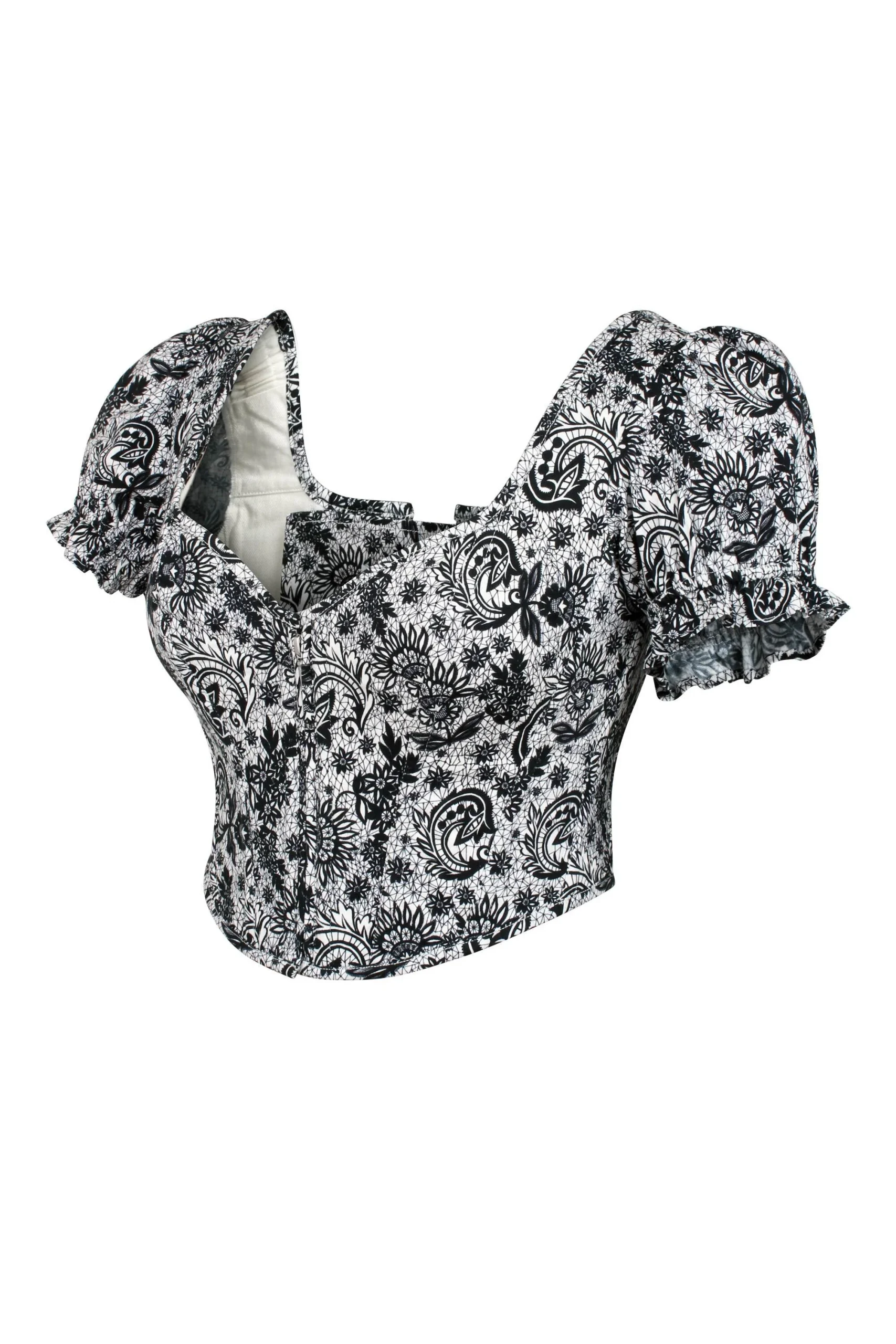 Zadie Top corset en coton extensible d'Alençon blanc chiné avec manches bouffantes – Image 3