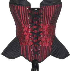 Red and Black Striped Brocade Corset with Quilted Hips