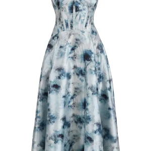 Watercolor Blue Corset Midi Dress with Shoulder Straps