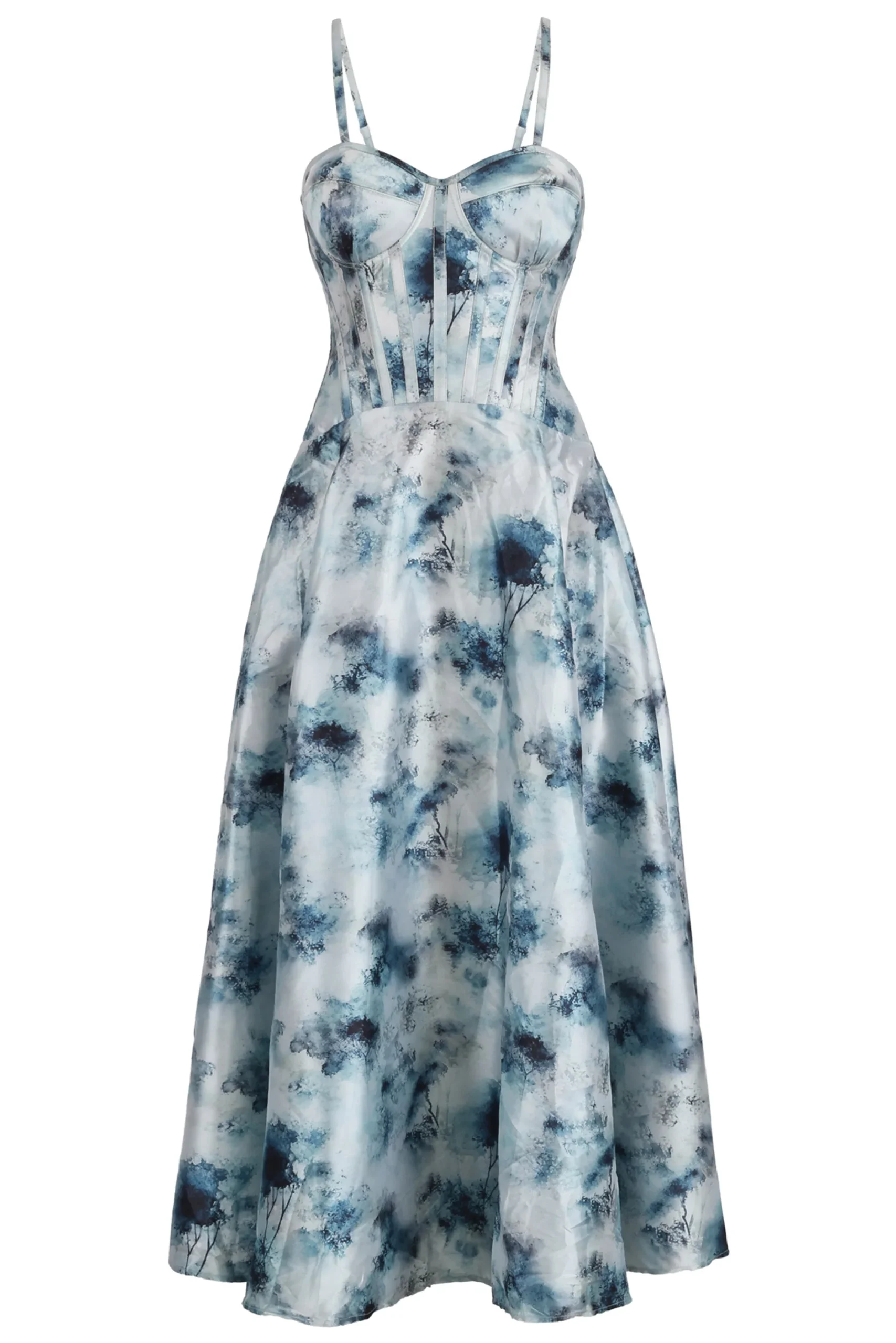 Watercolor Blue Corset Midi Dress with Shoulder Straps