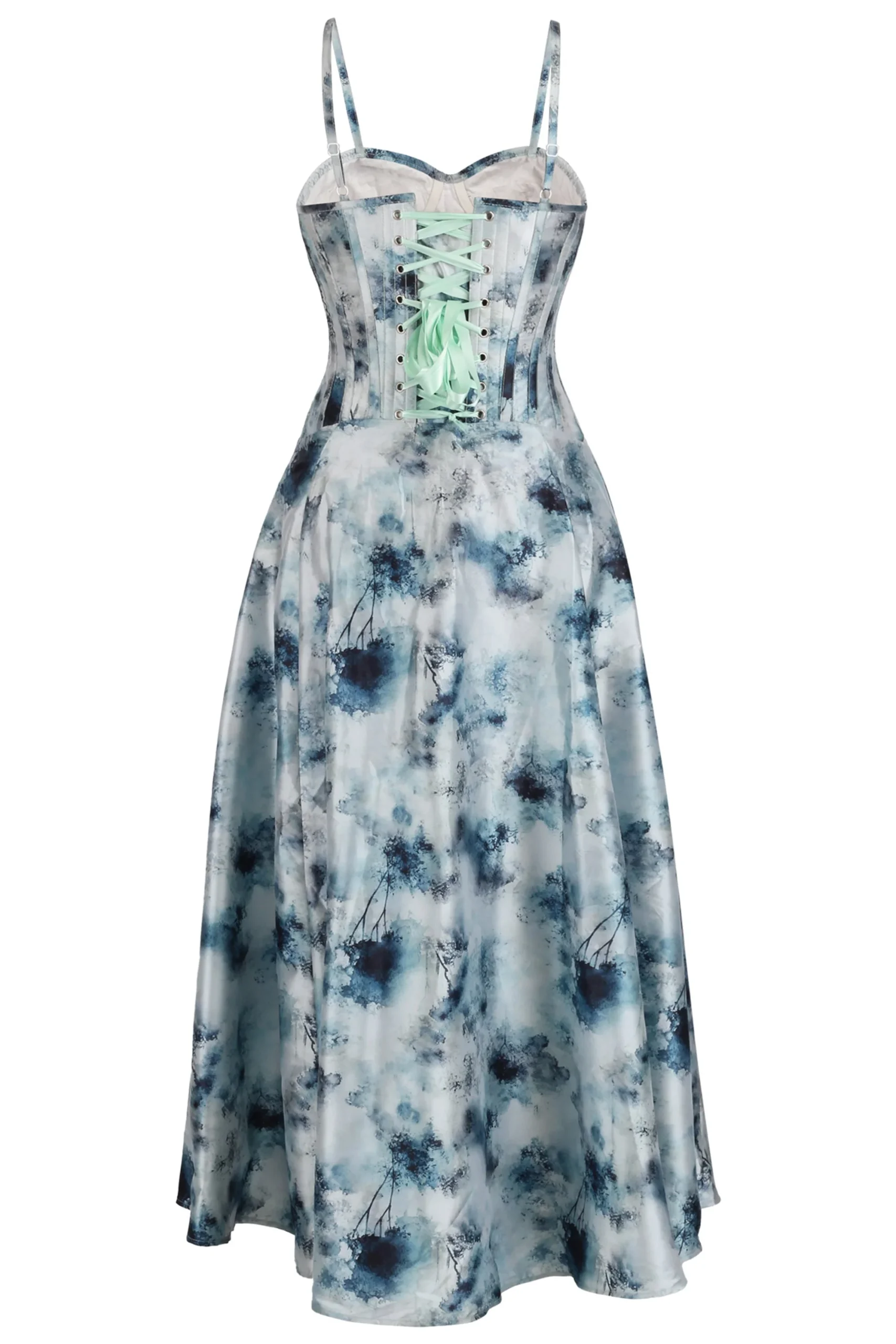 Watercolor Blue Corset Midi Dress with Shoulder Straps – Image 2
