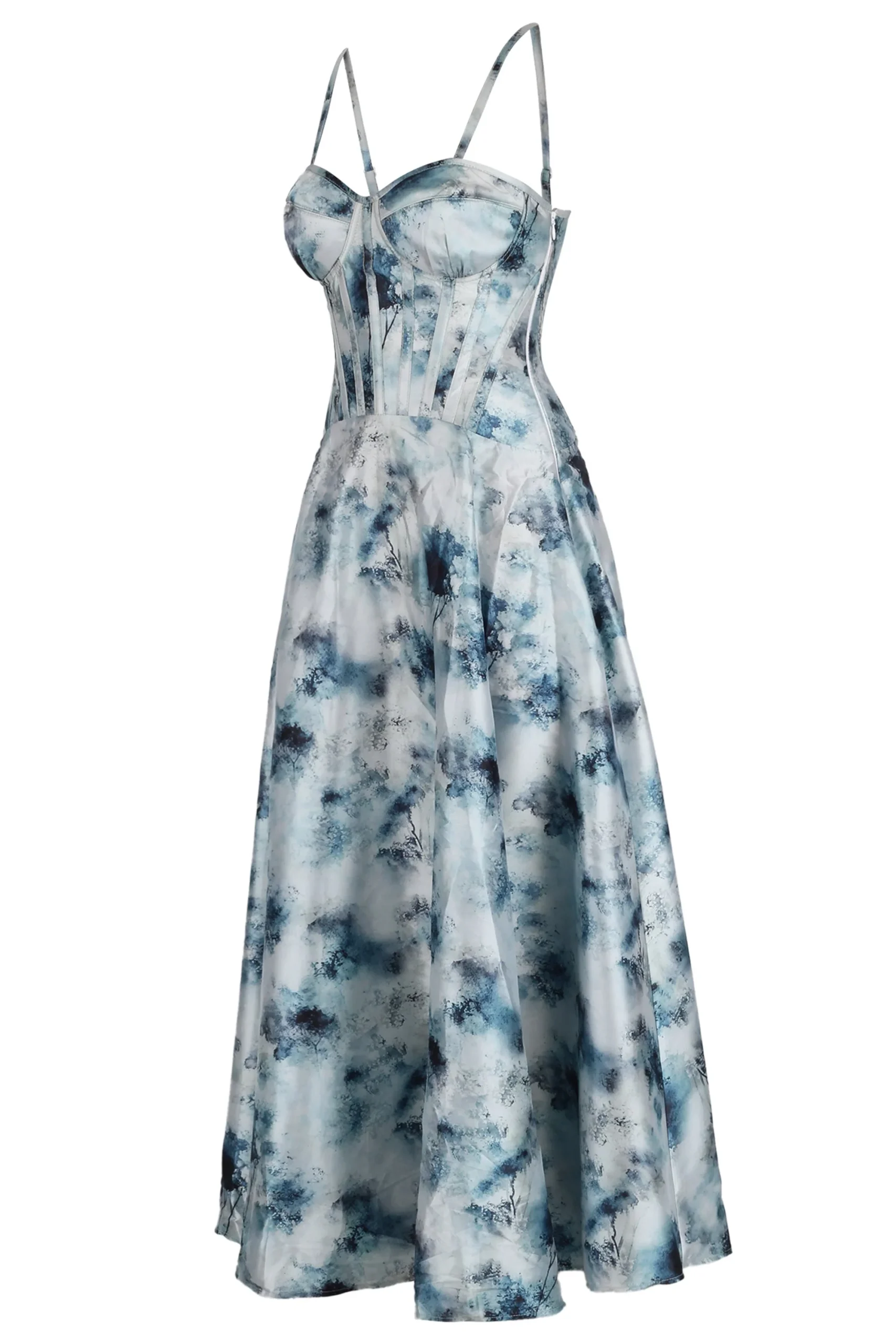 Watercolor Blue Corset Midi Dress with Shoulder Straps – Image 3