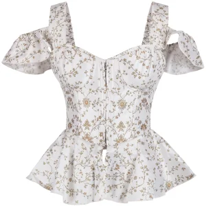 White Floral Peplum Corset with Ruffle Shoulder Straps