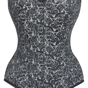 Long Silver Brocade Pattern Corset With Hip Gores