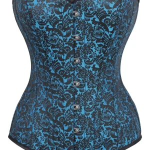 Long Turquoise Brocade Pattern Corset With Hip Gores