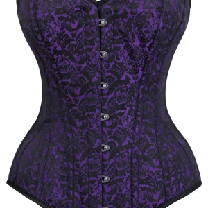 Long Purple Brocade Pattern Corset With Hip Gores