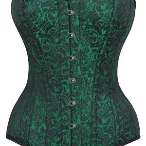 Long Green Brocade Pattern Corset With Hip Gores