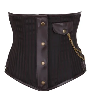 Sous-buste steampunk à rayures marron avec détail busc en acier et chaîne de poche