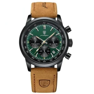 Montre bracelet cuir marron cadran noir/vert