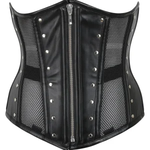 Black Mesh & PVC Front Zip Underbust Corset