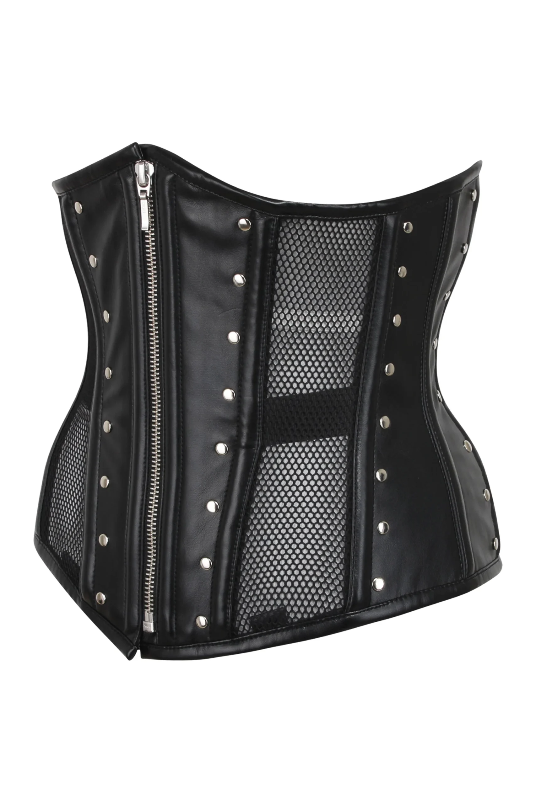 Black Mesh & PVC Front Zip Underbust Corset – Image 3