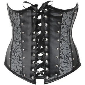 Silver Brocade & PVC Underbust Corset with Front & Rear Closure