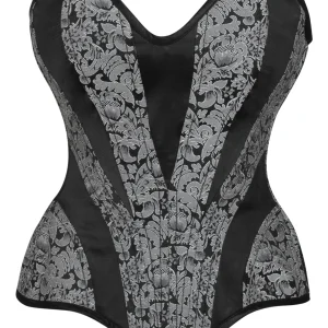 Silver and Black Brocade Overbust Corset with Side Zip