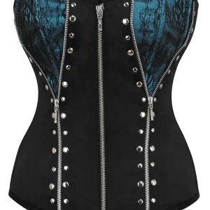 Turquoise and Black Overbust Corset with Zips