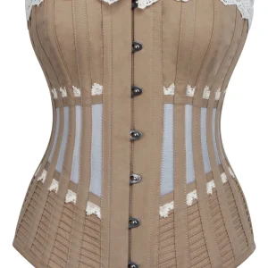 Historically Inspired Beige Longline Corset with Lace and Ribbing