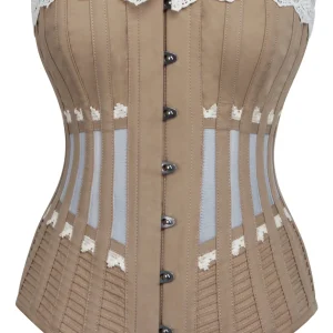 Historically Inspired Beige Longline Corset with Lace and Ribbing