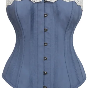 Historically Inspired Blue Longline Corset with Lace Trim