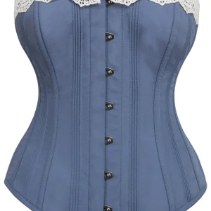 Historically Inspired Blue Longline Corset with Lace Trim