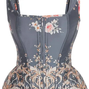 Vintage Blue Floral Overbust Corset with Baroque Scroll Print and Shoulder Straps