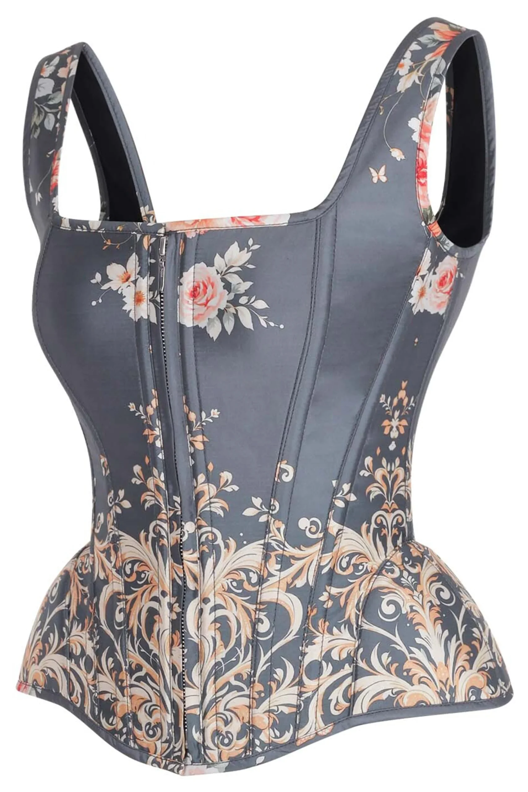 Vintage Blue Floral Overbust Corset with Baroque Scroll Print and Shoulder Straps – Image 3