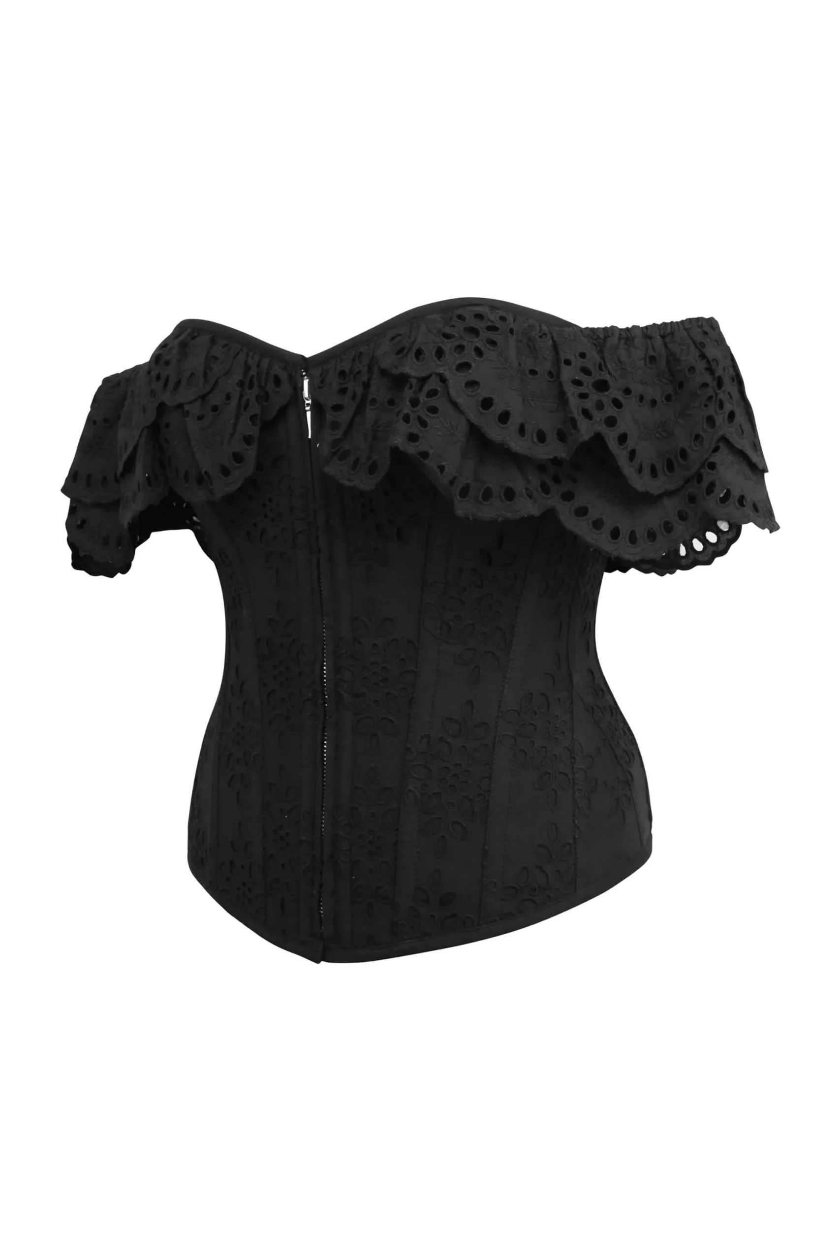 Alyssum Corset noir en coton avec broderie anglaise et manches à volants – Image 3