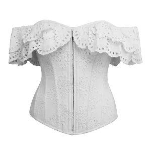 Alyssum Corset-bustier blanc en coton avec broderie anglaise et manches à volants doubles