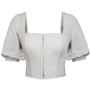 Fern Corset court en lin grège à manches bouffantes