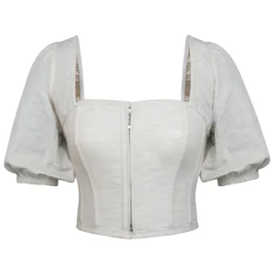 Fern Corset court en lin grège à manches bouffantes