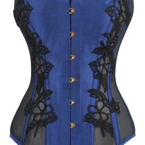 Navy Blue Longline Overbust Corset with Black Lace and Mesh Panels