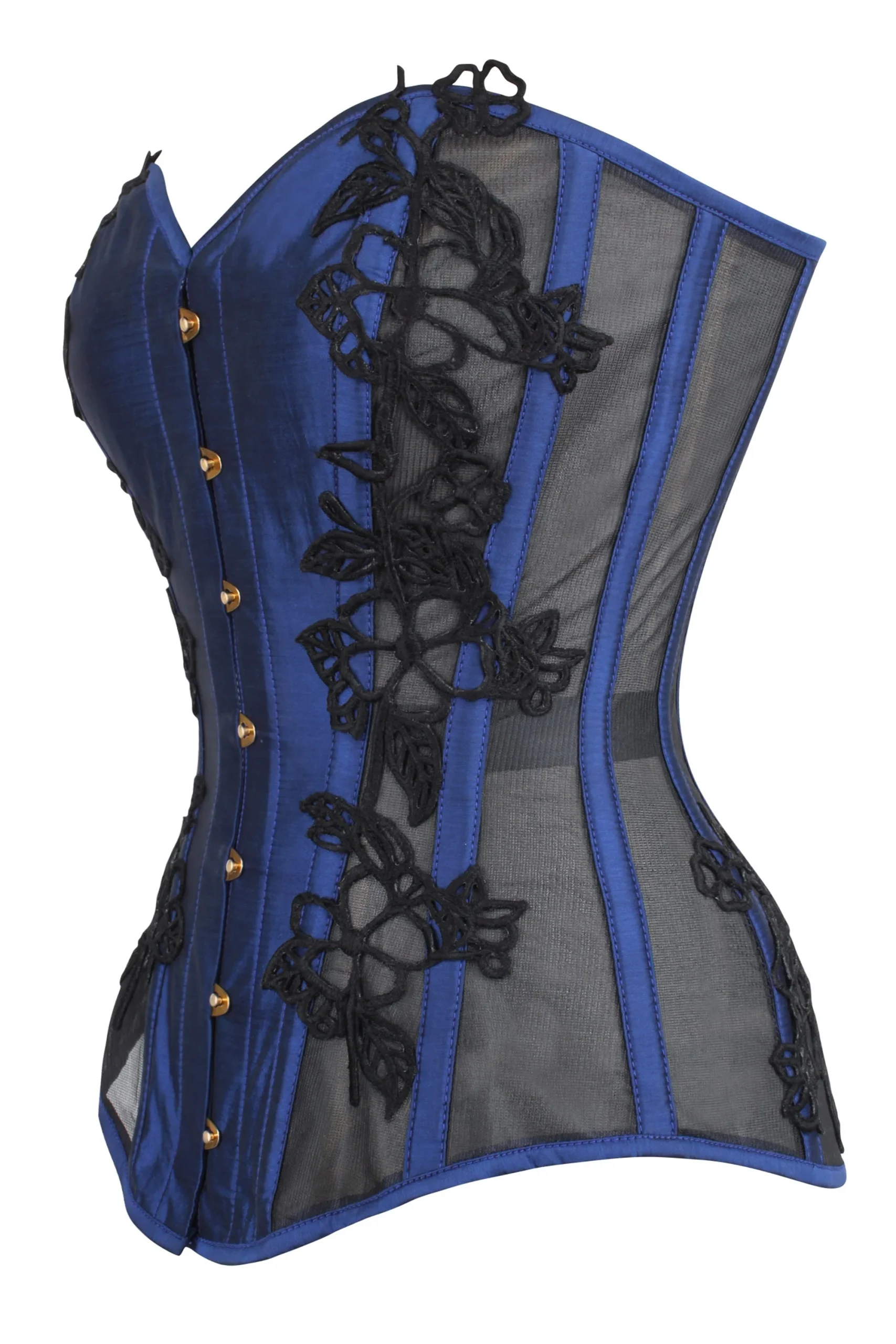 Navy Blue Longline Overbust Corset with Black Lace and Mesh Panels – Image 3