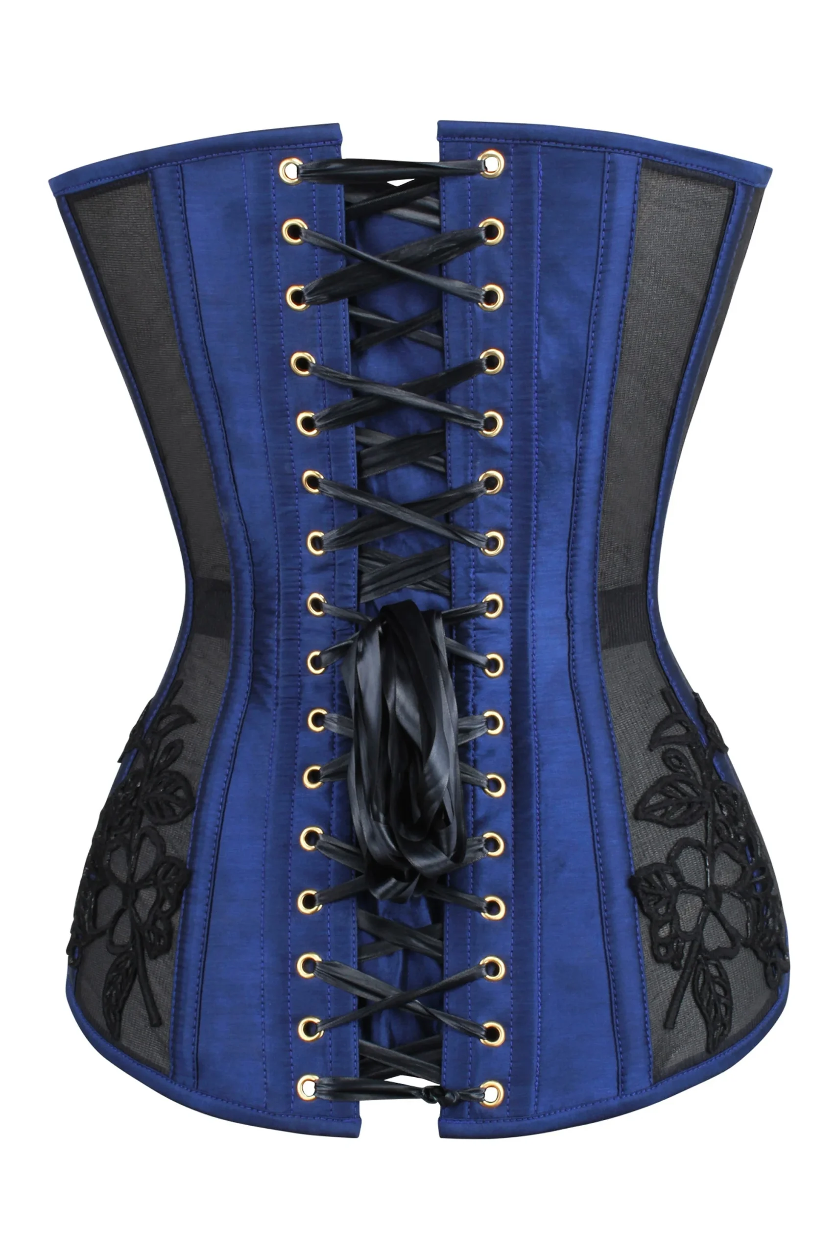Navy Blue Longline Overbust Corset with Black Lace and Mesh Panels – Image 2