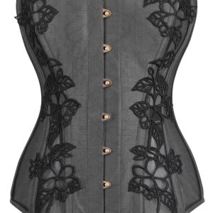 Black Longline Overbust Corset with Black Lace and Mesh Panels