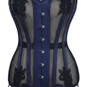 Navy Blue with Black Mesh and Lace Appliqué Waist Taming Overbust Corset