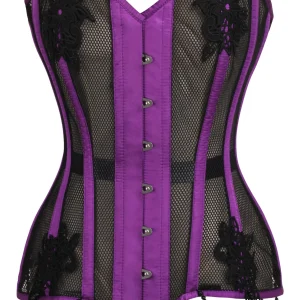 Purple Mesh and Lace Appliqué Waist Taming Overbust Corset
