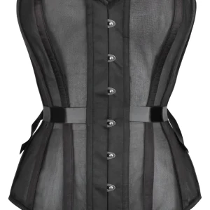 Black Longline Overbust Mesh Corset with Fan Ribbon Lacing