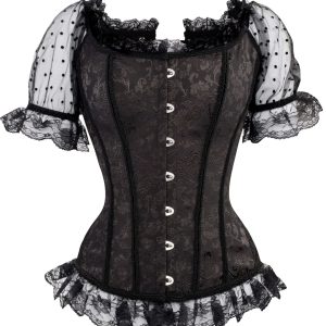 Overbust brocart avec dos dégagé et manches Noir