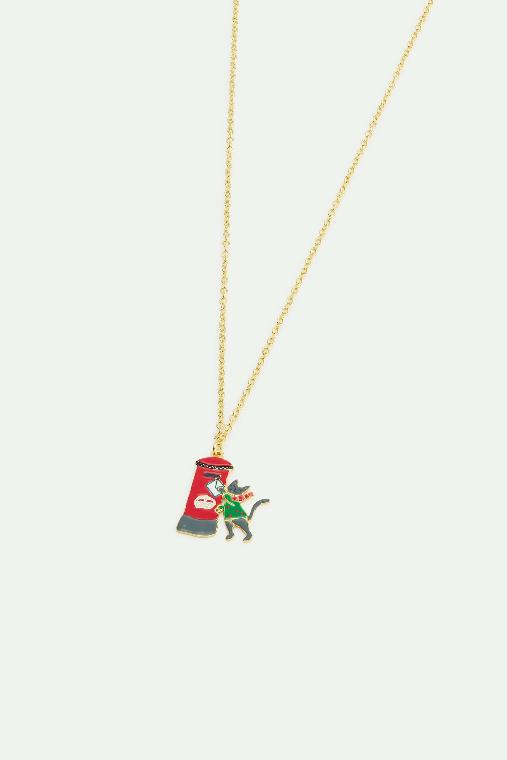 Collier pendentif boîte aux lettres rouge londonienne,courriel, chat gris et pull vert – Image 2