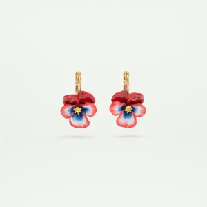 Boucles d'oreilles dormeuses pensée rouge et cristal taillé