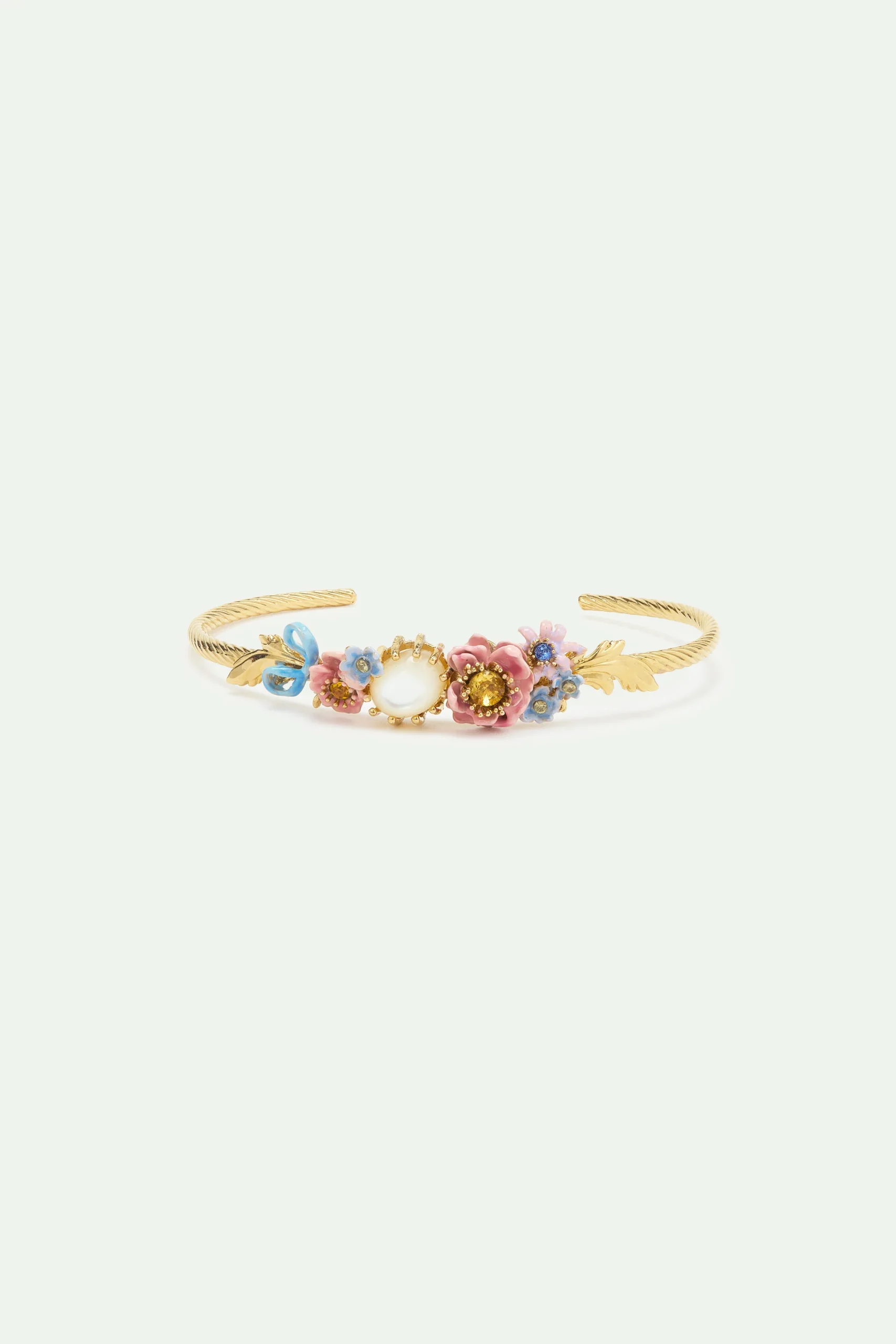 Bracelet jonc fleurs roses et bleues et pierre ronde nacrée – Image 2