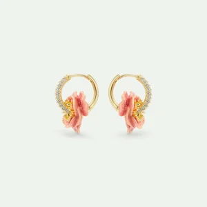 Boucles d'oreilles créoles strassées et anémone rose
