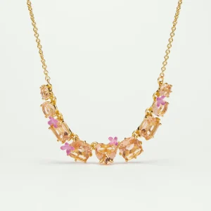 Collier fin 9 pierres et fleurs la diamantine rose abricot