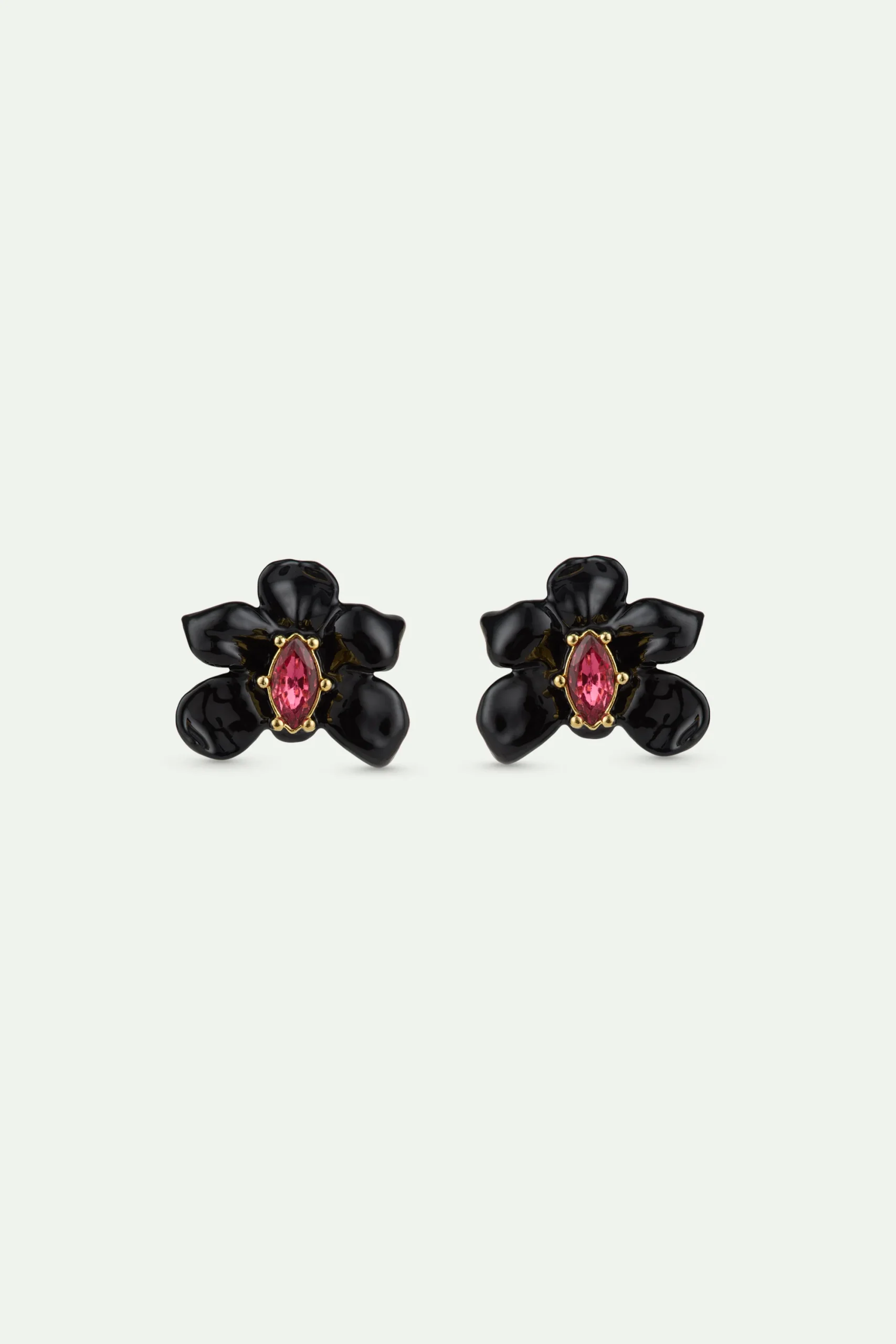 Boucles d'oreilles tiges orchidée noire et cristal rose