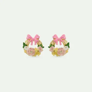 Boucles d'oreilles tiges couronne de fleurs et noeud rose