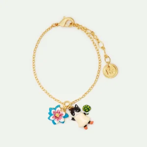 Bracelet fin fleur bleue et chaton noir